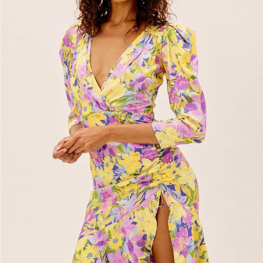 For Love & Lemons purple and yellow floral midi dress